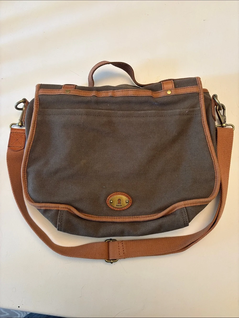 Fossil Olive Green Canvas Messenger with Tan Trim and Brass Hardware